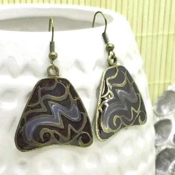Enamel Earrings Antiqued Brass Gray and Black Triangle - Picture 1 of 7